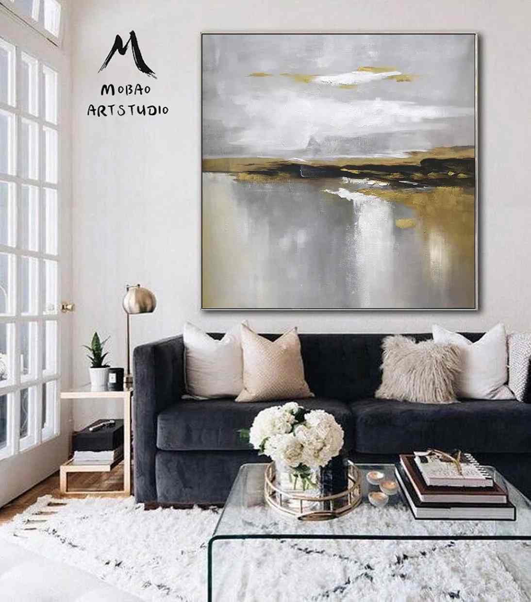 Minimal Original White Grey Abstract Canvas Wall Art SH2L5
